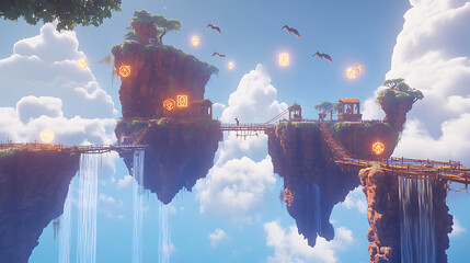 Magical floating island paradise with waterfalls and ruins.