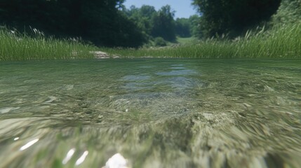 Naklejka premium Crystal-clear shallow stream flowing through a grassy woodland. Tranquil, serene natural scene