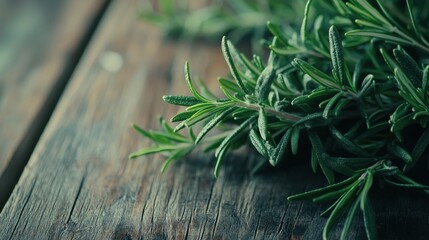 Fototapeta premium Fresh rosemary herb in a wooden plate on a white wood. Bunch of fresh fragrant rosemary. Spices and herbs for meat and fish. Recipe. Culinary concept.Organic herbs.Place for text. Space for copy.