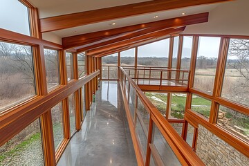 Modern Home Interior  Long Corridor with Large Windows  Wooden Beams  Natural Light