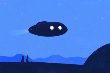 Obraz premium Mysterious spacecraft gliding through a starry night sky above mountains