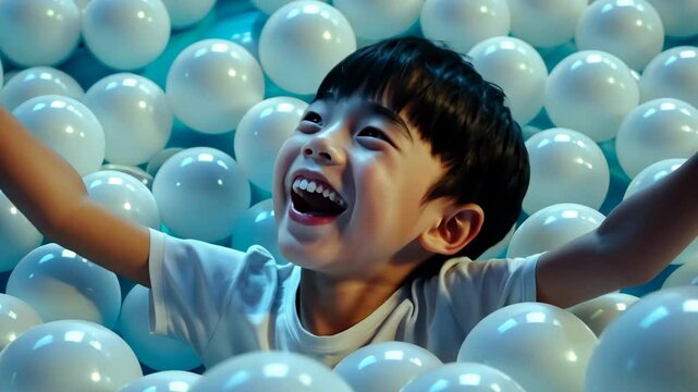 Cheerful cute asian child immersed in sea of plastic white balls, pure joy and excitement. Playful happy kid have fun in Kiddie balls pit pool. Funny boy swim and laughing. Carefree childhood. Asia.