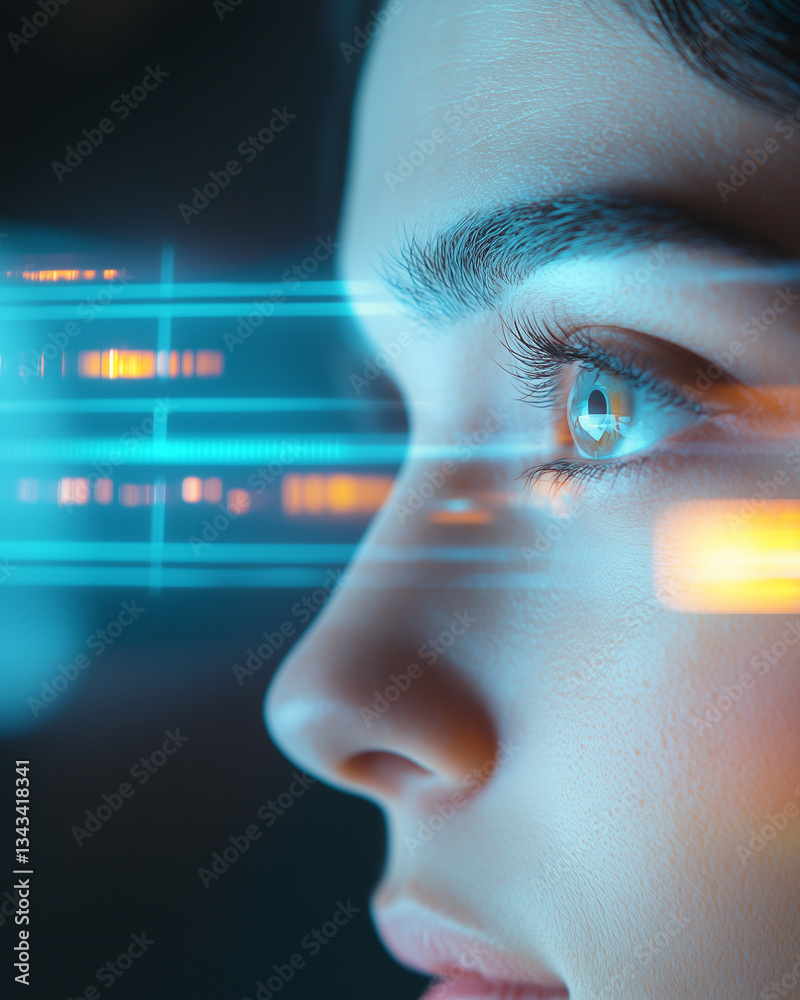 Poster close up of woman face shows her focused and determined expression as digital data streams reflect i