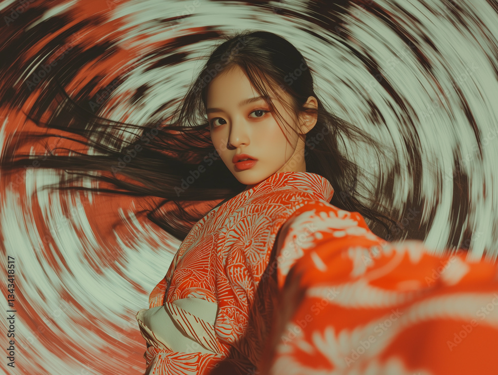 Poster woman in vibrant red kimono poses with dynamic swirling background, creating sense of motion and ele