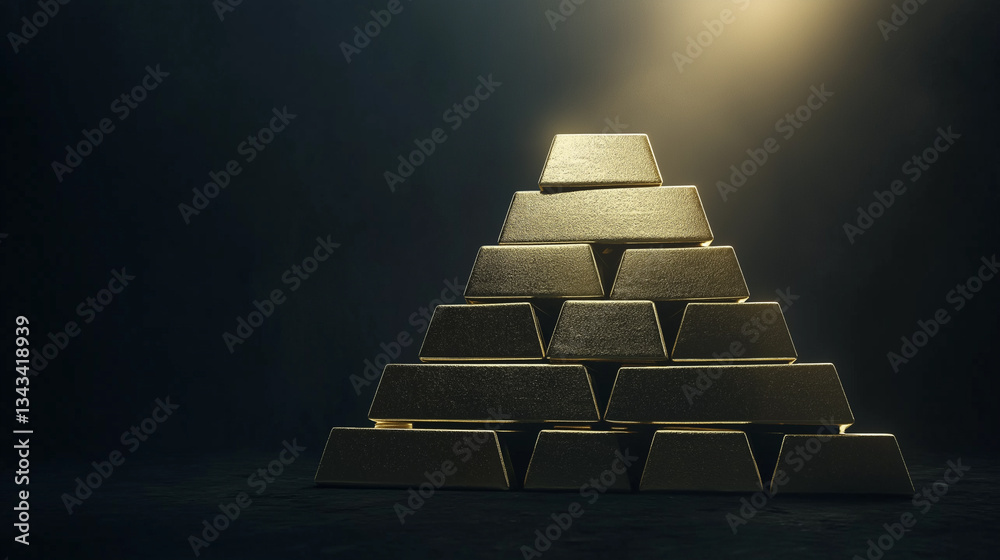 Poster pyramid of gold bullion bars is stacked neatly, illuminated by glowing light against dark background