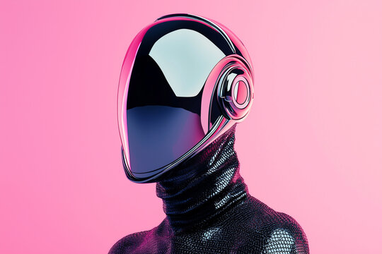 futuristic female cyborg model with sleek, reflective helmet and textured suit stands against pink background, embodying blend of technology and style