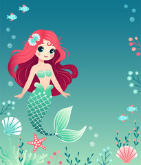 Mermaid's birthday party template. Cute mermaid in the ocean. Marine vector illustration