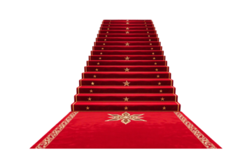 A grand red-carpeted staircase with gold stars leads upward, exuding luxury, prestige, and cinematic glamour, evoking Hollywood premieres and VIP entrances, isolated on a transparent background