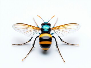 Detailed Close Up of a Yellow and Black Striped Wasp Insect with Wings on White Background Studio Shot