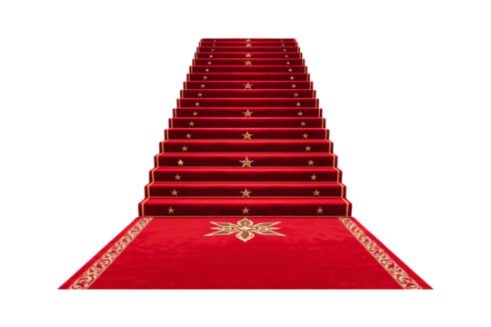 A grand red-carpeted staircase with gold stars leads upward, exuding luxury, prestige, and cinematic glamour, evoking Hollywood premieres and VIP entrances, isolated on a transparent background