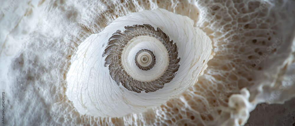 Poster macro shot of seashell reveals its intricate spiral pattern and unique texture, showcasing nature artistry in mesmerizing display of detail and form