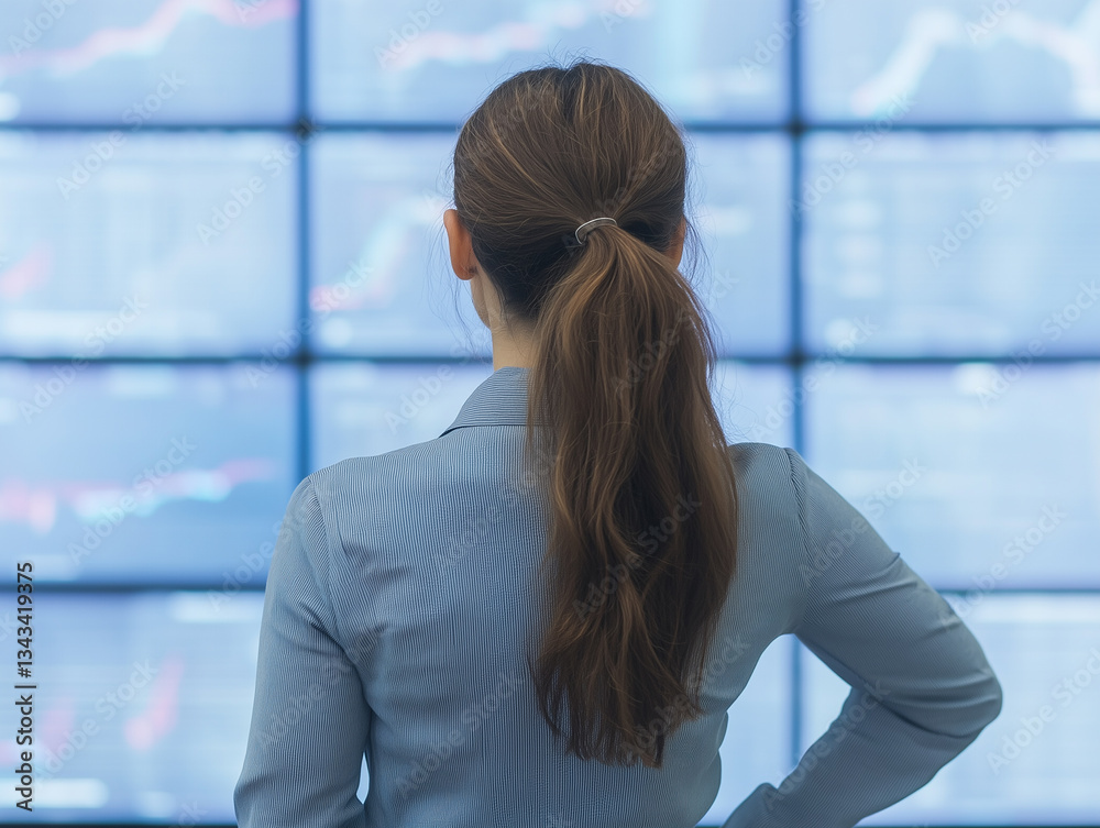 Poster woman with ponytail stands confidently in front of large digital screens displaying financial data a