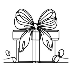 Present box with ribbon and bow. Continuous one line vector illustration. Wrapped surprise package
