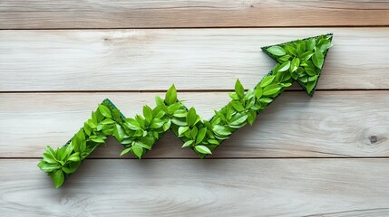 A concept image of financial and business growth symbolized by a leaf-covered arrow pointing upward, reflecting sustainability, prosperity, and green investments...