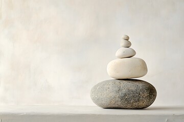 A serene stack of smooth, light-colored stones, carefully balanced against a calming, textured white background, exuding tranquility and inner peace.