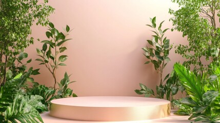 Lush greenery surrounds a circular, elevated stage in a calming pastel setting. This tranquil space invites artistic expressions and intimate gatherings, blending nature with creativity