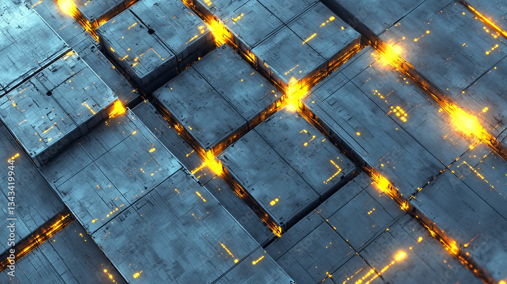Poster Futuristic abstract composition with glowing orange lights on metallic cubes, creating dynamic and industrial atmosphere. geometric pattern is visually striking