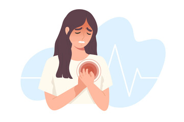 Woman raises her hand to hold her chest. Concept of heart attack, heartache, chest pain, danger and sickness, symptom of heart disease, health and medicine. Flat vector illustration character.