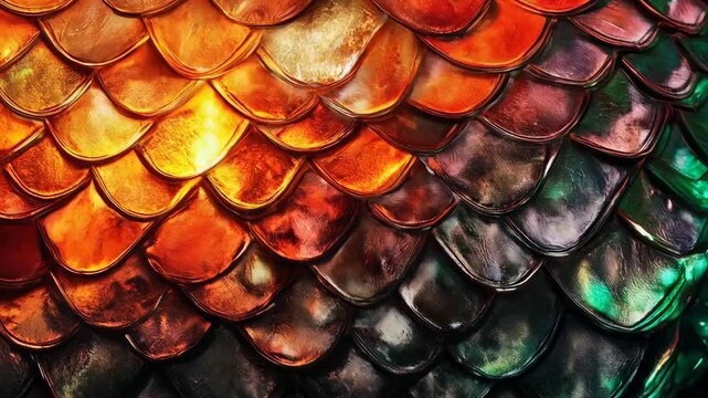 A highly detailed close-up of dragon-like scales in vibrant red, orange, and gold hues, creating a striking and fantasy-inspired texture. The illuminated, overlapping pattern evokes a sense of power