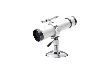 Fototapeta premium A sleek white telescope with black accents, mounted on a sturdy metal stand. Its futuristic design and precision optics suggest exploration, isolated on a transparent background