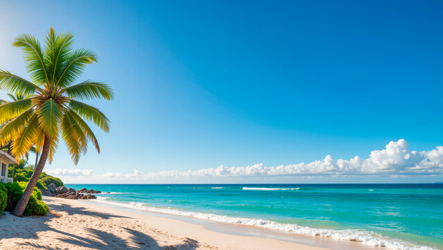 Tropical palm tree by serene beach under clear blue sky