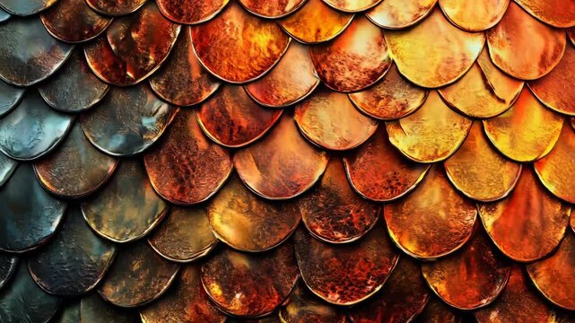 A detailed close-up of textured, overlapping scales in warm shades of orange, gold, and deep green. The worn, rustic texture adds depth and dimension, resembling dragon or fish scales with an artistic