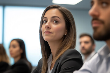 woman in business meeting looks attentively, surrounded by colleagues in modern office setting. atmosphere is professional and focused, with diverse group of people engaged in discussion