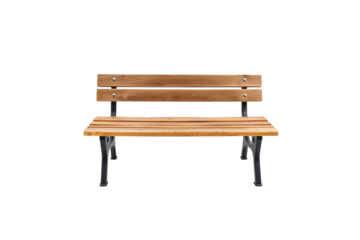 A sturdy wooden bench with two horizontal backrest slats and metal legs, featuring a natural finish and visible grain, designed for outdoor relaxation, isolated on a transparent background