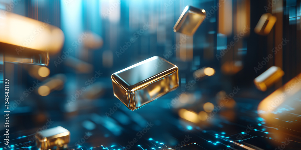 Poster futuristic scene with floating gold bars and digital holograms creates sense of advanced technology and wealth. glowing blue and gold tones enhance modern, high tech atmosphere