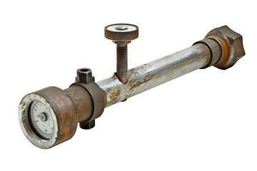 Vintage industrial pressure gauge and pipe fitting against a clean backdrop