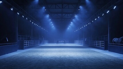 Equine arena bathed in cool blue light illuminating the practice space