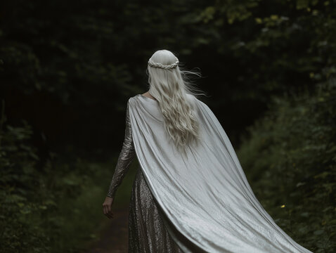 woman with long white hair walks through dark forest, wearing flowing silver gown and cape, evoking mystical and ethereal presence