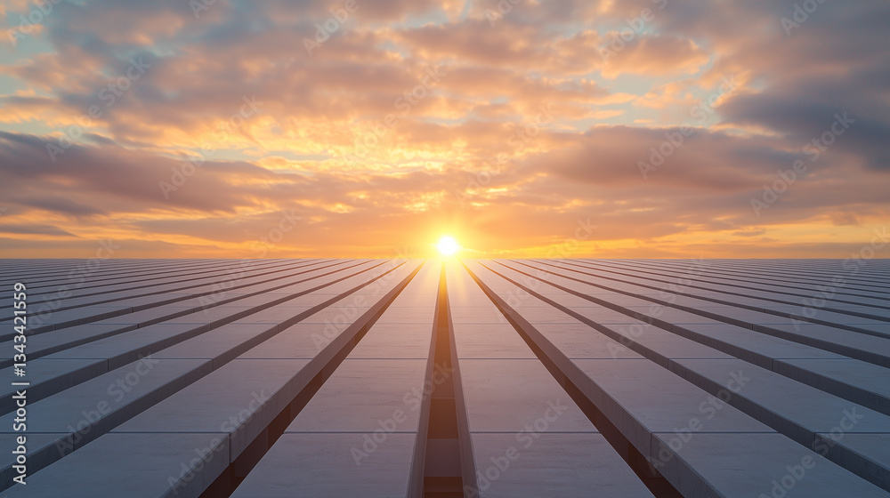Aufkleber vast expanse of modern architectural structure is captured at sunset, with sun setting on horizon, c
