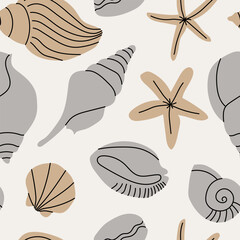 Marine seashells set. Underwater shellfish, starfish, beach shells, clam, mollusk, oyster, cowrie. Sea collection, summer mood. Vector flat cartoon seamless pattern for textile, fabric, wrapping