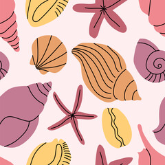 Marine seashells set. Underwater shellfish, starfish, beach shells, clam, mollusk, oyster, cowrie. Sea collection, summer mood. Vector flat cartoon seamless pattern for textile, fabric, wrapping