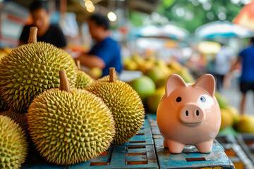 Obraz premium Piggy Bank Next to Durian Fruits at a Colorful Market Stall During Bright Daylight