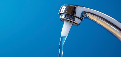 Obraz premium Faucet Dispensing Water Stream on Plain Blue Background Representing Fresh Clean Water Resource