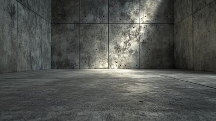 A concrete room with light on the walls and floor