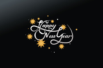 Elegant Silver Happy New Year Calligraphy with Gold Stars