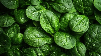 Obraz premium A vibrant tapestry of miniature spinach leaves, their delicate green hues glistening with dew, ready to be incorporated into a healthy and nutritious meal.