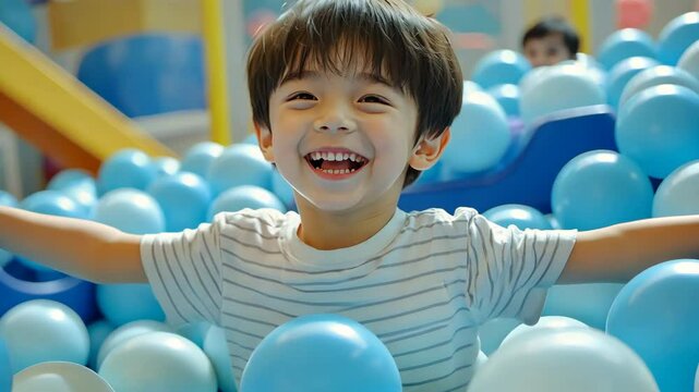 Cheerful cute asian child immersed in sea of plastic white balls, pure joy and excitement. Playful happy kid have fun in Kiddie balls pit pool. Funny boy swim and laughing. Carefree childhood. Asia.