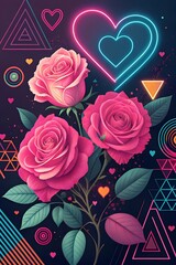 Vibrant modern Valentine’s Day floral collage featuring pink roses surrounded by neon geometric shapes
