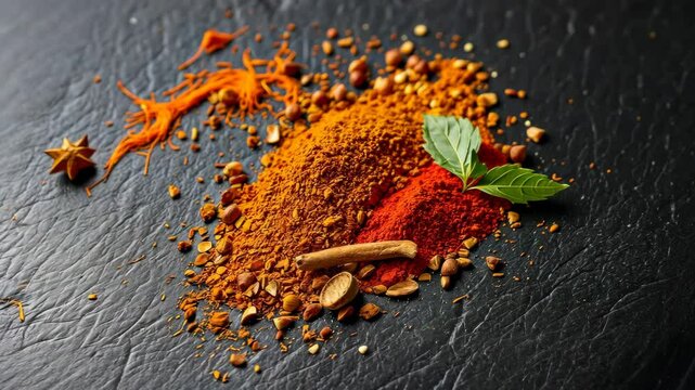 Overhead Closeup Shot of a Colorful Assortment of Spices and Herbs on a Dark Background