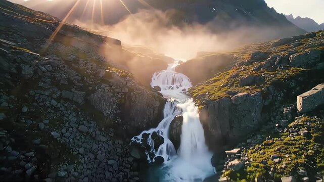 A stunning waterfall cascading down rocky cliffs, surrounded by lush greenery.