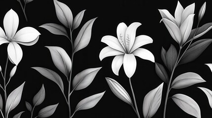 Fototapeta premium Elegant Black and White Flower Design with Leaves and Blossoms