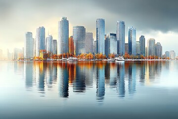 Fototapeta premium Modern cityscape with reflections on calm water under cloudy skies