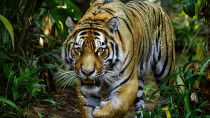Obraz premium Majestic Glitter Tiger Stalking Through Sunlit Jungle