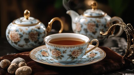 Fototapeta premium A delicate array of porcelain, intricately painted with traditional floral motifs, nestled on a velvet cushion, ready to welcome the aroma of fragrant black tea.