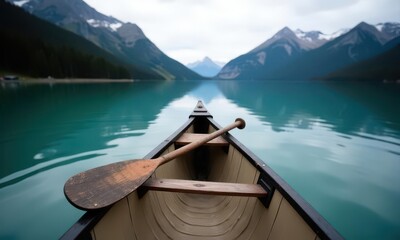 Emerald lake canoeing with vintage canvas boat and weathered wooden paddle floating on still waters, mountain reflections rippling across teal surface at blue hour