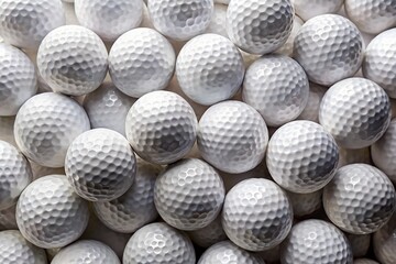 A close-up view of many white golf balls arranged in a pattern, creating a textured and repetitive background.